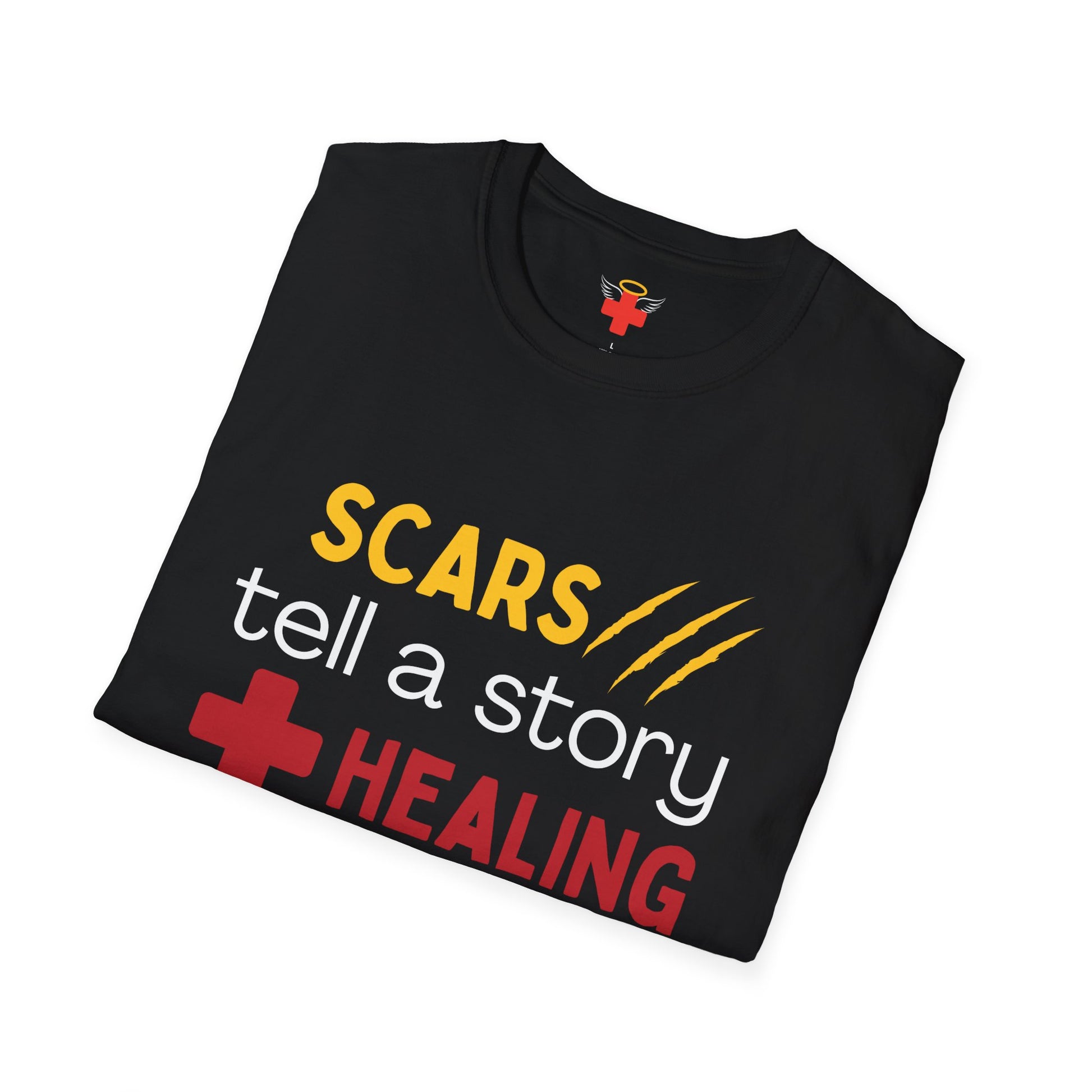 Scars Tell a Story Unisex Softstyle T-Shirt | Inspirational Quote Tee, Gift for Survivors, Self-Love Shirt, Motivational Apparel