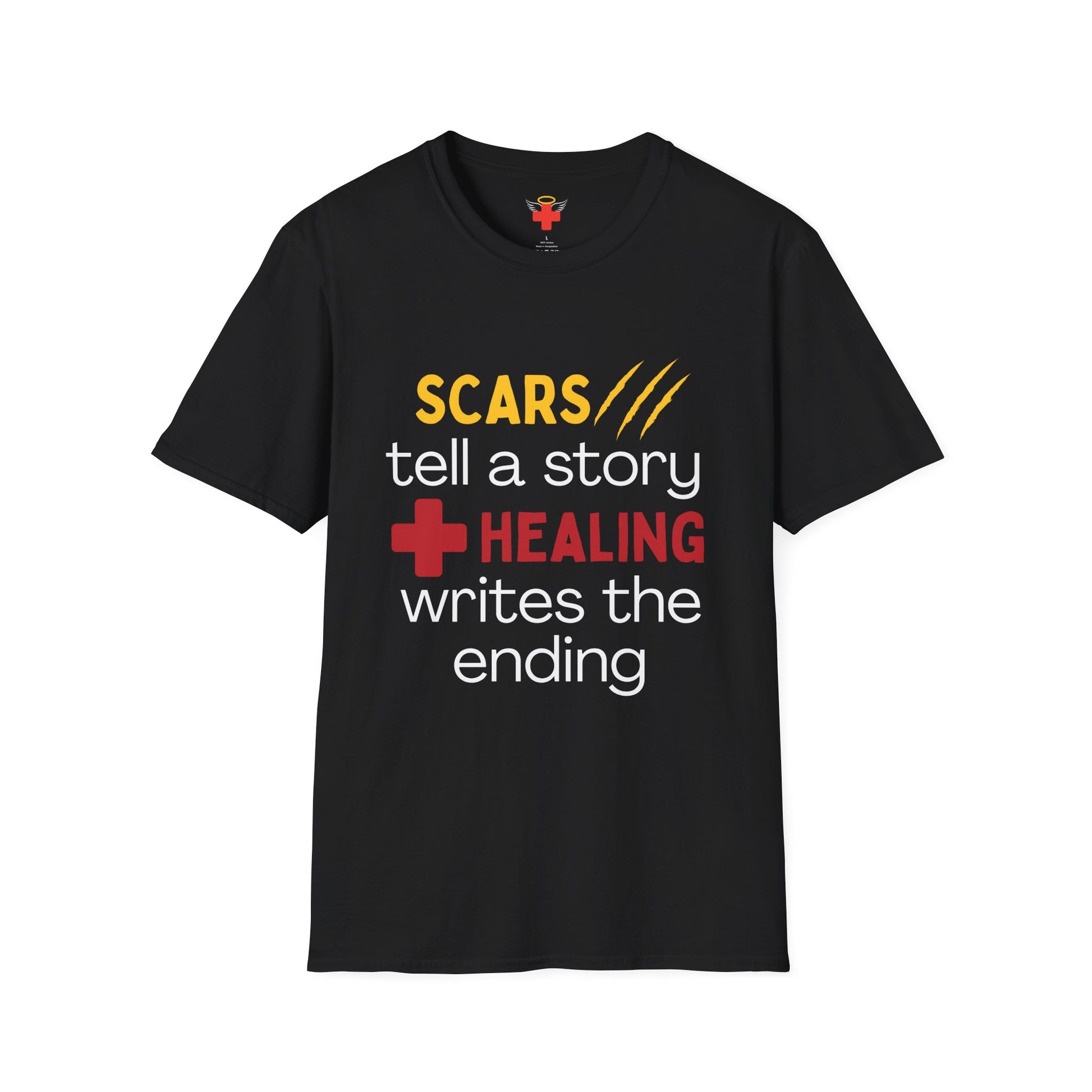 Scars Tell a Story Unisex Softstyle T-Shirt | Inspirational Quote Tee, Gift for Survivors, Self-Love Shirt, Motivational Apparel