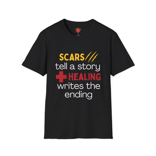 Scars Tell a Story Unisex Softstyle T-Shirt | Inspirational Quote Tee, Gift for Survivors, Self-Love Shirt, Motivational Apparel